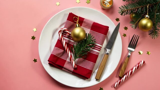 Festive christmas table setting flat lay with ornament candy cane and evergreen on pink background ideal for holiday projects