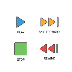 Media Player Control Icons - Play, Skip, Stop, Rewind in Color.