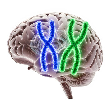 3d illustration of a brain with highlighted xy chromosomes isolated on transparent background