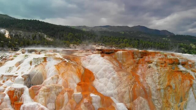 Mammoth Hot Springs, Yellowstone National Park. Aerial view of mountain and countryside. Slow motion