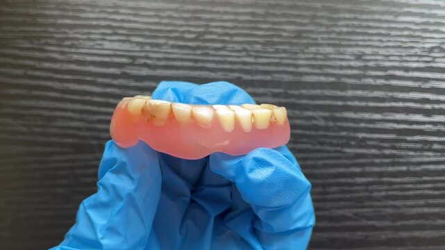 Close up of severely worn down and shortened artificial front teeth with dental attrition and heavy brown stains.