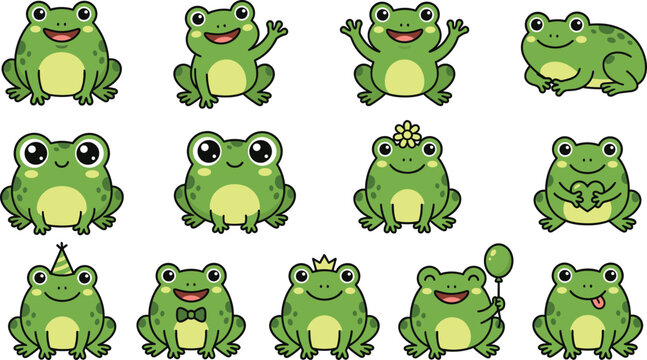 Cute frog character set in different poses cartoon amphibian collection for kids stickers mascots birthday themes and nature related designs.