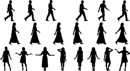 Fototapeta premium Black silhouettes of men and women walking and standing in various poses isolated on a white background vector illustration set.