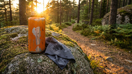 Worn hiking water bottle and grey towel on moss-covered rock in forest 
