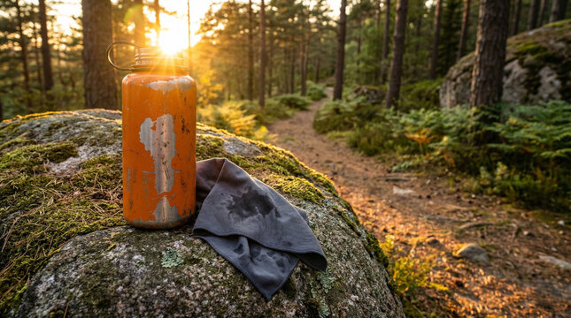 Worn hiking water bottle and grey towel on moss-covered rock in forest  