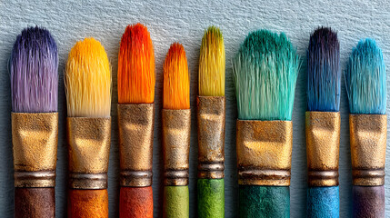 Fototapeta premium Brightly colored paintbrushes lined up against a white surface,Vibrant Array of Colorful Paint Brushes in Assorted Shapes and Sizes Ready for Artistic Creations and Creative Expression