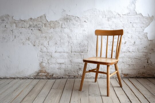 Wooden chair stands against a rustic, peeling brick wall.