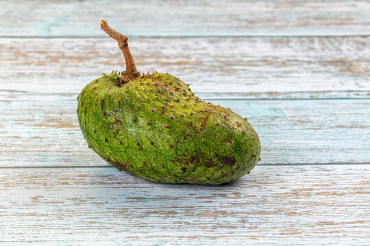 One whole raw soursop fruit, or graviola, isolated on a textured background.