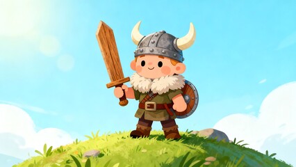 Cartoon Viking Character In Landscape