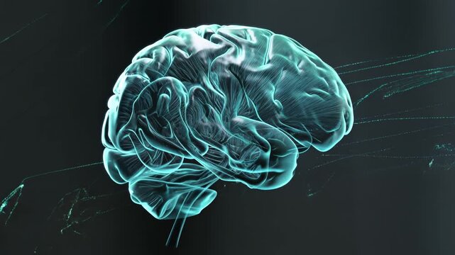 3D Rendering of a Glowing Blue Digital Human Brain with Moving Data Streams. Futuristic Neuroscience and Artificial Intelligence Concept Animation on Dark Background.