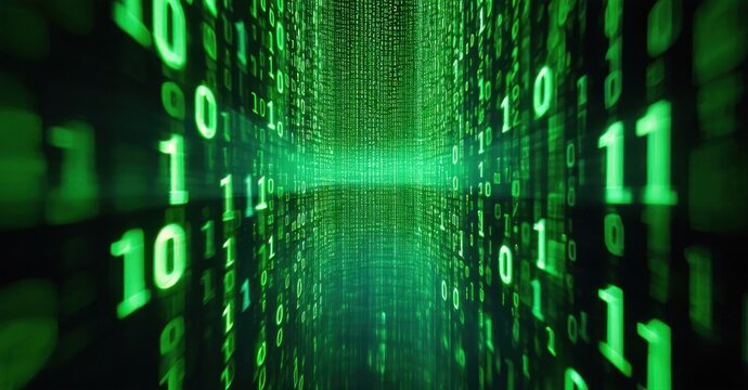 Digital rain effect. Green binary code streams down dark background. Futuristic, abstract tunnel visualization. Data flow concept.