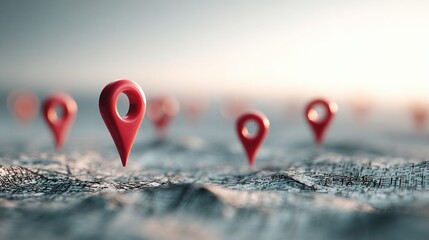 Red map pins scattered across a detailed digital map surface with soft focus background