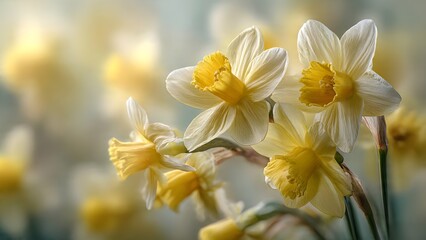 Obraz premium Beautiful Yellow Daffodils in Bloom with Soft Bokeh Background, Spring Narcissus Flowers in Garden