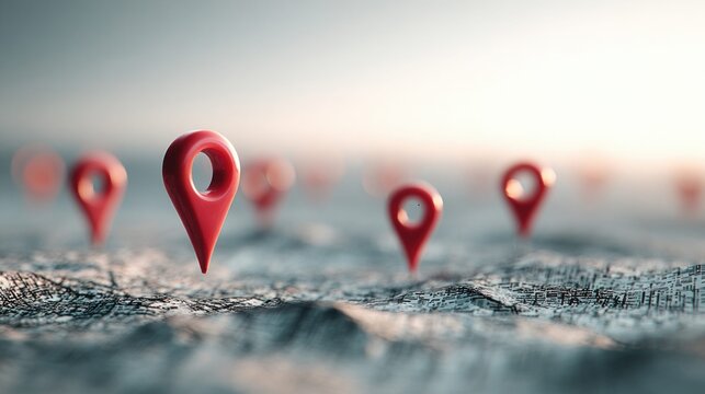 Red map pins scattered across a detailed digital map surface with soft focus background