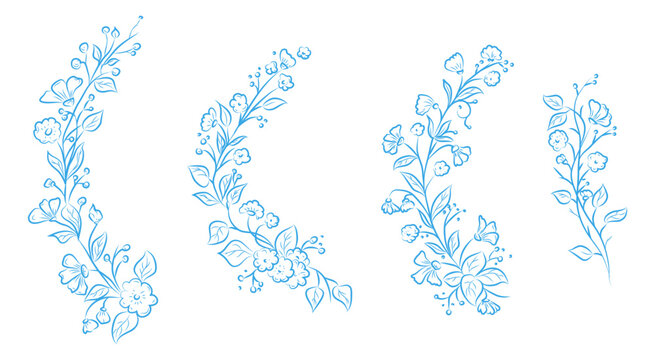 Floral borders with flowers, twigs, and leaves. Vector illustration. Hand-drawn botanical round wreaths with branches and buds in line art, isolated on a white background. Not AI