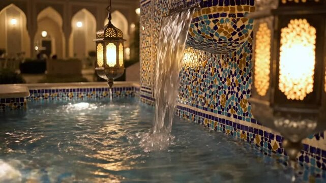 Luxurious indoor pool with ornate mosaic walls and fountain viewed from a serene vantage point