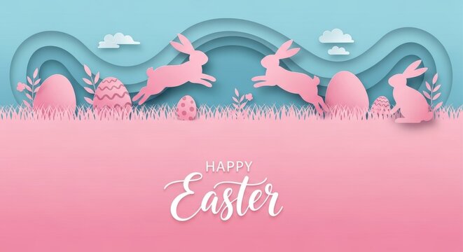 Happy easter paper cut illustration of jumping bunnies and eggs in a pastel spring scene.