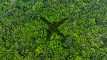 Top view of a large airplane shadow gliding over a lush green tropical rainforest canopy, symbolizing air travel, adventure, and flight transit over nature. concept nature travel © Media 