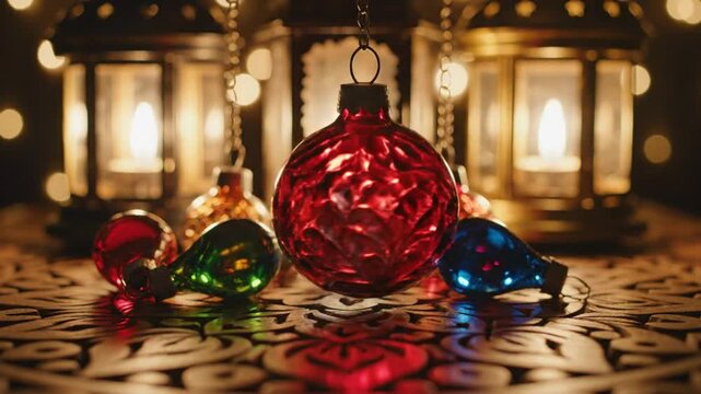 Vibrant Christmas ornaments and lanterns on an intricately patterned surface, captured from a close-up viewpoint.