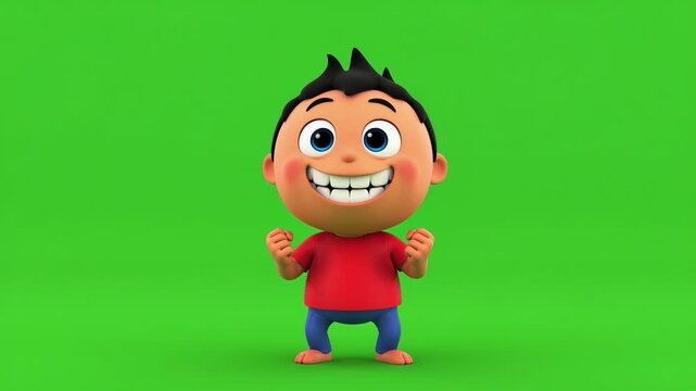 Animated boy character cheering on green screen background,smiling and celebrating success,3d rendering and cartoon style