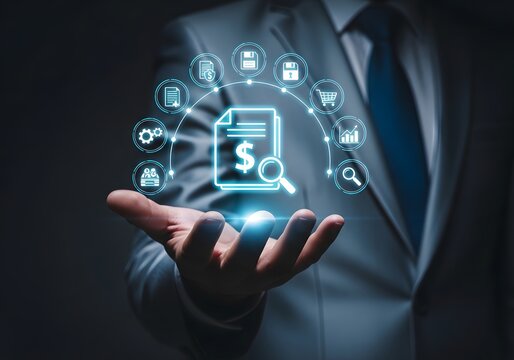 Businessman holding hand with glowing blue financial suit