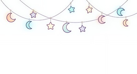 Soft pastel glowing moons and stars string lights border on white. Whimsical celestial decor for baby showers, nursery, and invitations.