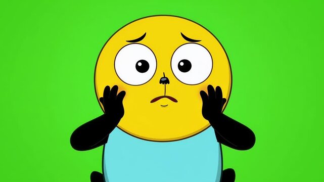 Animated worried character with round yellow head and black limbs on green screen background emotional cartoon figure