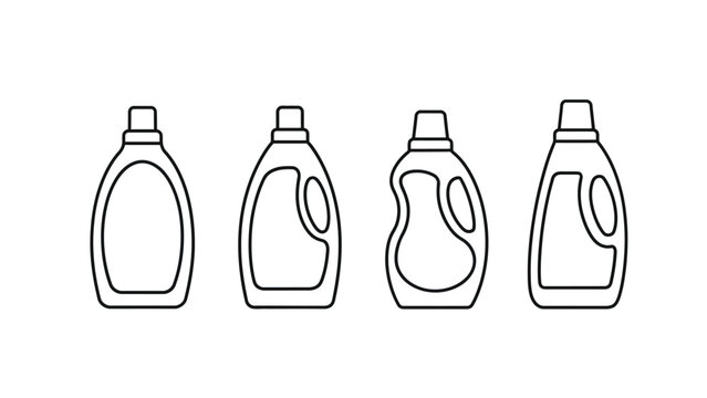 This vector graphic illustration displays a set of four unique laundry detergent or fabric softener bottle outlines, ideal for modern cleaning product branding and packaging design.