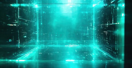 Futuristic tunnel, glowing cyan lines forming complex structure. Dark background emphasizes bright digital interior. Abstract, modern design.