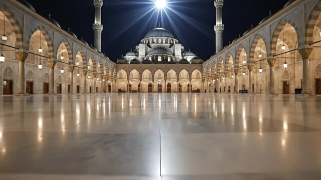 Grand mosque interior with arches and domes illuminated by soft light at night from a central viewpoint