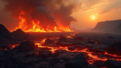 Fiery Inferno: A Dramatic Landscape of Molten Lava and Volcanic Eruption Under a Sunset Sky.