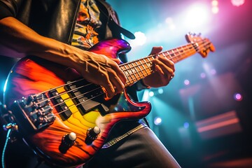 Obraz premium Musician plays vibrant electric bass guitar on stage with colorful lights
