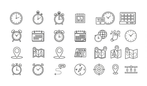 Time and Location Scheduling Thin Line Icons Set with Clocks Maps and Calendar Editable Stroke Vector Collection