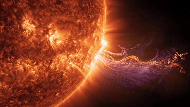 Vibrant solar flare erupting from the sun's surface.