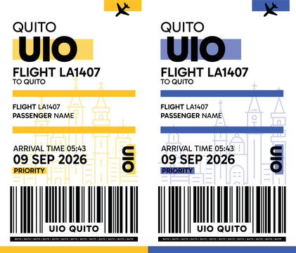 UIO, Quito, Ecuador luggage label, boarding pass template. Vector minimalist illustration with airport code, city destination, flight info. Flat, modern image layout