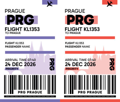 PRG, Prague, Czech Republic luggage label, boarding pass template. Vector minimalist illustration with airport code, city destination, flight info. Flat, modern image layout