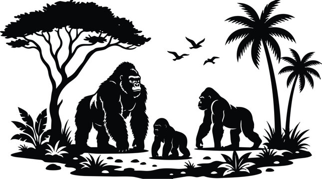 Flat design silhouetted gorilla family three figures walking in tropical jungle with palm trees low angle silverback looking forward serene