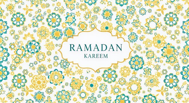 Ramadan Kareem elegant greeting background with intricate golden and teal Islamic geometric floral patterns for holy month celebrations