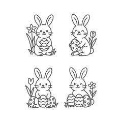 Obraz premium Easter Bunny Outline Illustration Pack – Rabbits with Eggs and Flowers