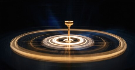 Golden light trails create circular patterns. Central pillar glows, contrasting dark background. Motion blur suggests spinning object.