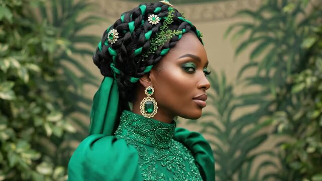 Elegant Black Woman in Emerald Green Dress and Turban, Luxurious Style