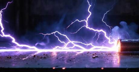 Dramatic lightning strikes metal object. Sparks fly, intense energy visible against dark background. Powerful electrical discharge occurs.