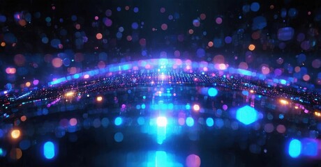 Obraz premium Abstract digital landscape. Glowing lines, vibrant particles create futuristic city impression. Dark background emphasizes bright illumination.