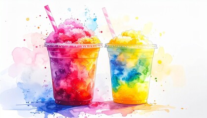Colorful Snow Cones Artistically Rendered with Watercolor Textures for Summer Vibes and Sweet Treats.