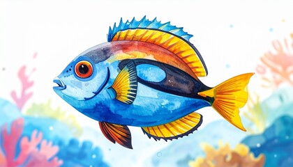 Fototapeta premium Watercolor Fish Illustration with Bright Colorful Details Underwater Scene Cute Cartoon Style Marine Life.