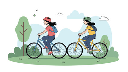 Naklejka premium Two young women wearing safety helmets and backpacks enjoy a sunny day while riding their bicycles along a path in a beautiful green park.