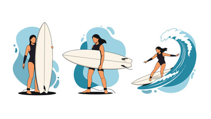 Young female surfer holding her surfboard, walking with it, and riding a large blue ocean wave in a three-stage action illustration.