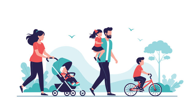 Happy family with a mother, father, and three children walking, cycling, and pushing a stroller in a beautiful green public park.