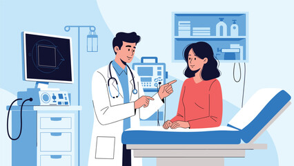 Professional doctor in a white coat talking to a female patient in a medical clinic equipped with advanced technology for diagnosis and care.