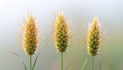 Three golden barley stems against blurred natural background evoking tranquility and summer essence.